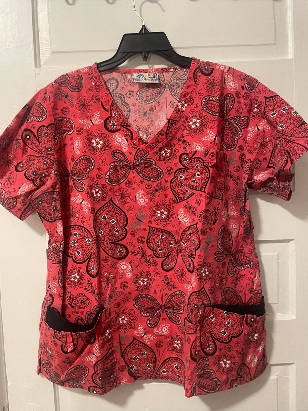 UA Scrubs Women’s V-Neck Red Butterfly Print Tunic